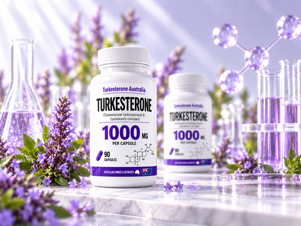 Turkesterone Australia 1000mg 90 capsules bottles in purple botanical and laboratory setting