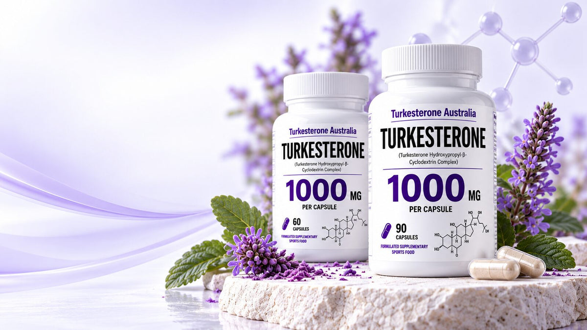 Turkesterone Australia product bottles with purple botanical styling